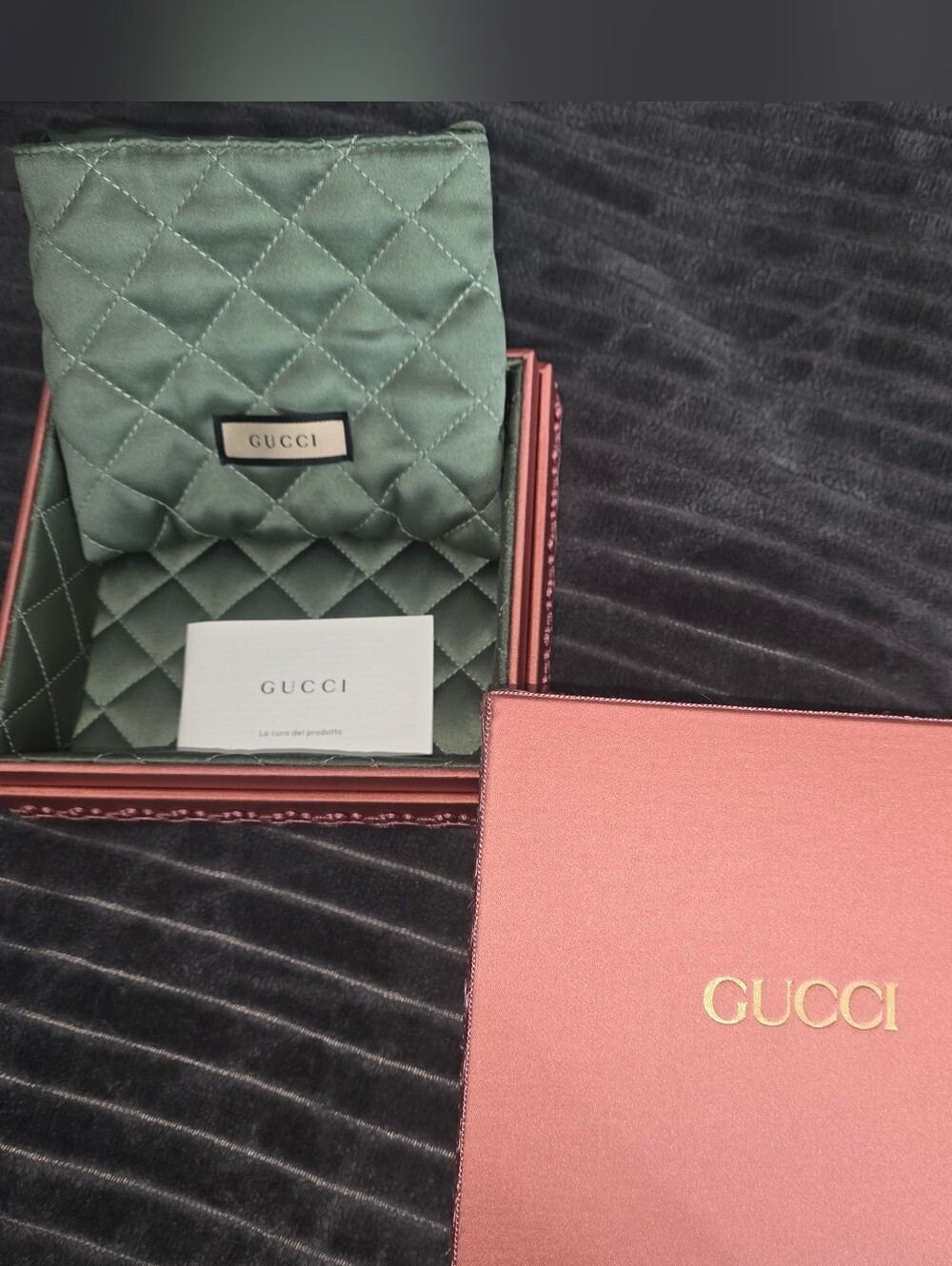 Authentic Gucci Pink Satin Fabric/Olive Green Quilted Box & Pouch
